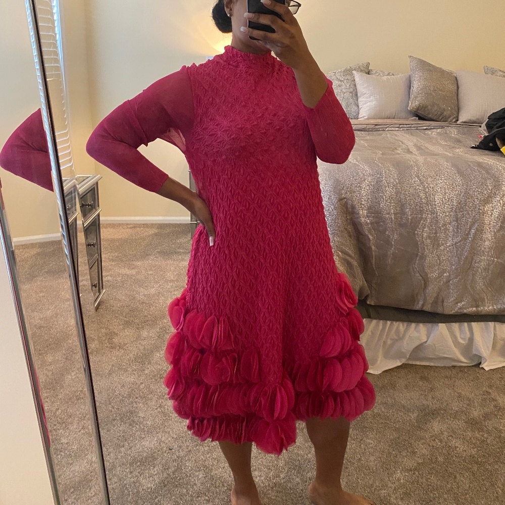 Mock Neck Fuchsia Micro Pleated A-Line Swing Dress